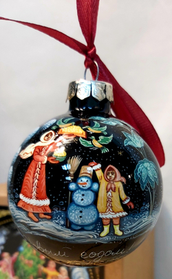 Шар новогодний с ручной росписью  Палех "Зимние забавы"