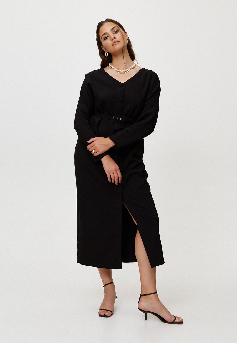 Платье на пуговицах с поясом, черный