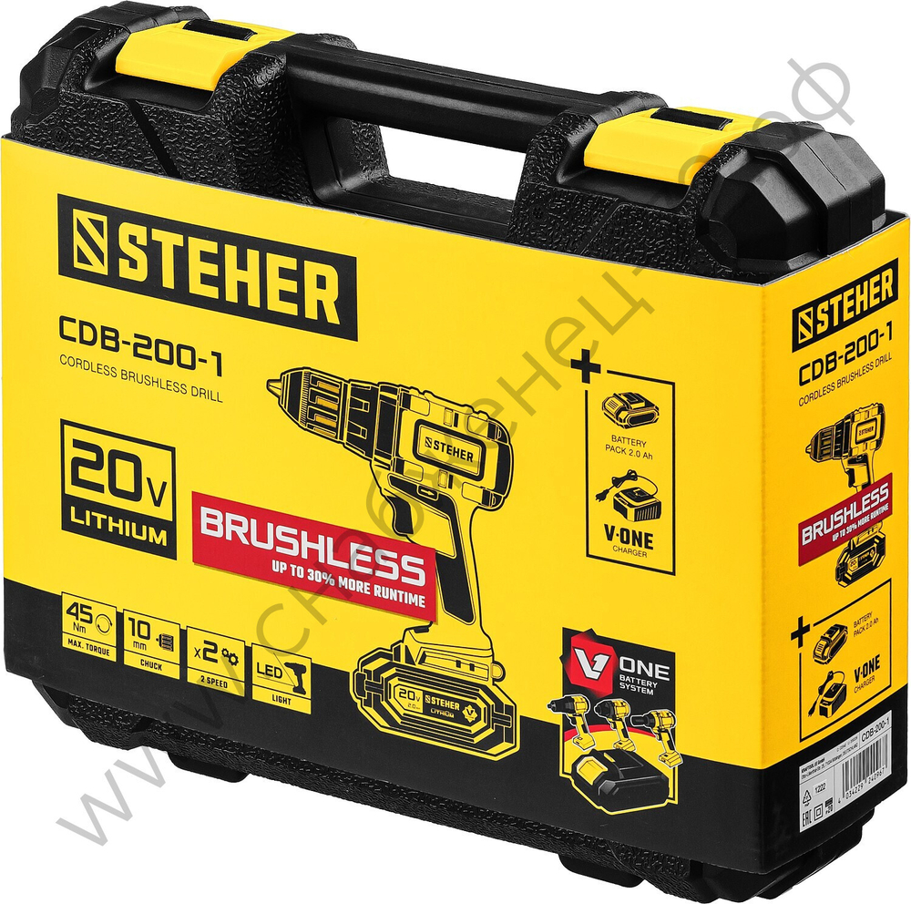 STEHER V1, 20 В, 45 Н·м, 1 АКБ (2 А·ч), бесщеточная дрель-шуруповерт, кейс (CDB-200-1)