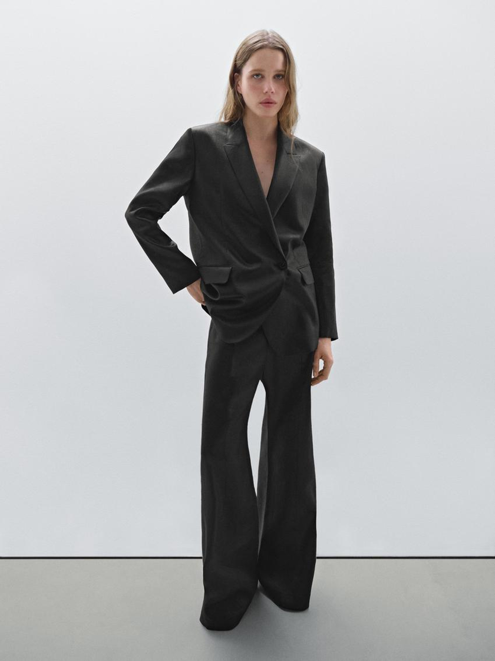 Massimo Dutti Двубортный пиджак из 100% льна, черный