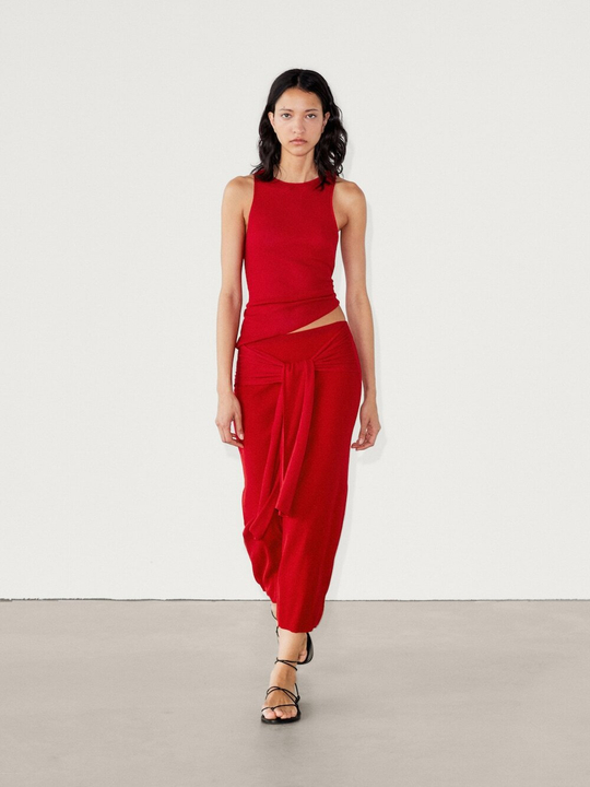 Massimo Dutti Юбка в рубчик с завязками, красный