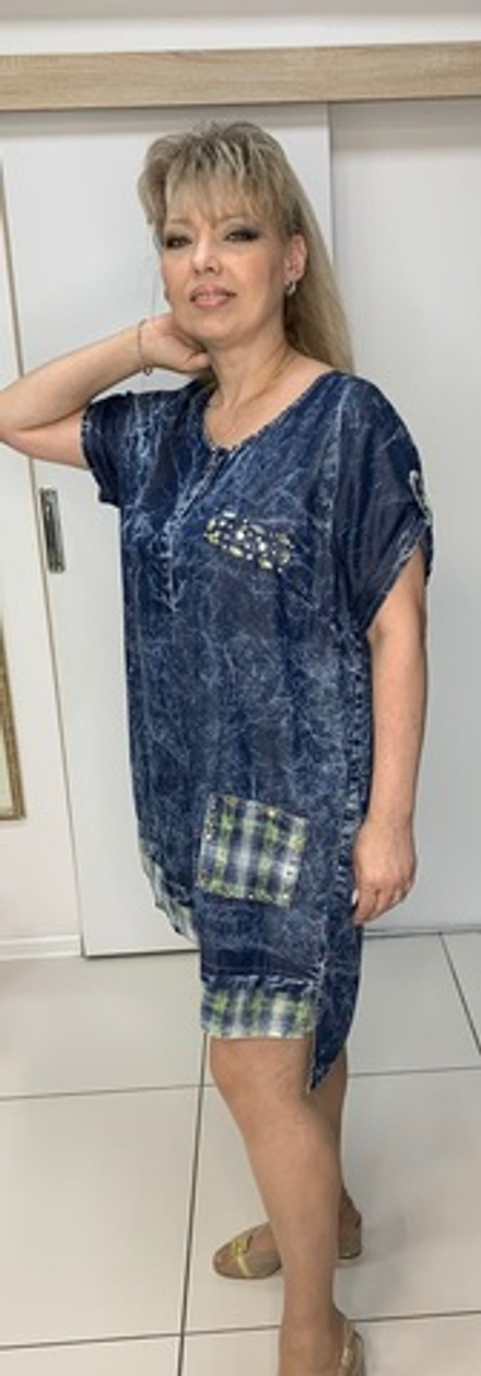 Комбинированная туника с коротким рукавом и клетчатой отделкой