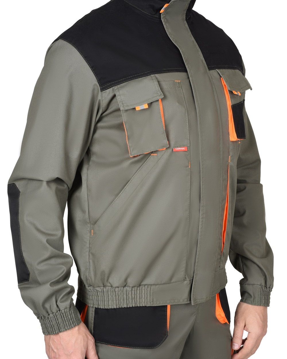 Костюм "Стрейч" куртка п/к оливковый с оранжевым и черным