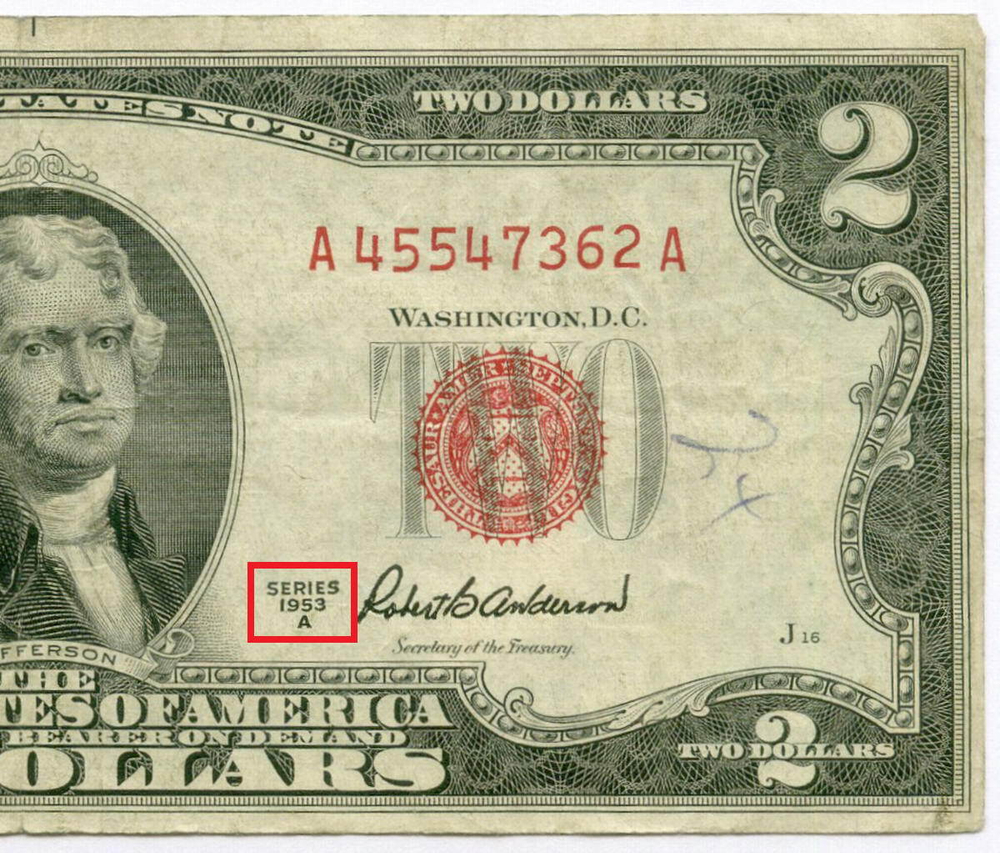 Банкнота США 2 доллара 1953A A 45547362 A. VG (надпись)
