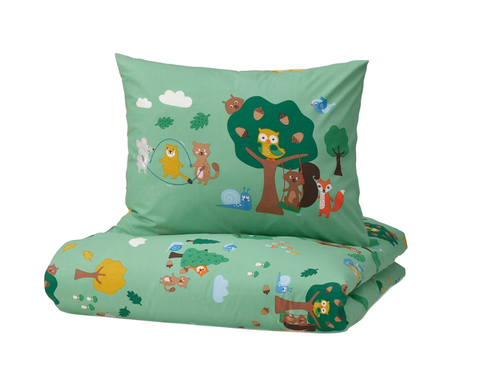 BRUMMIG БРУММИГ Пододеяльник и наволочка, лесные животные/разноцветный узор,150х200/50х60 см