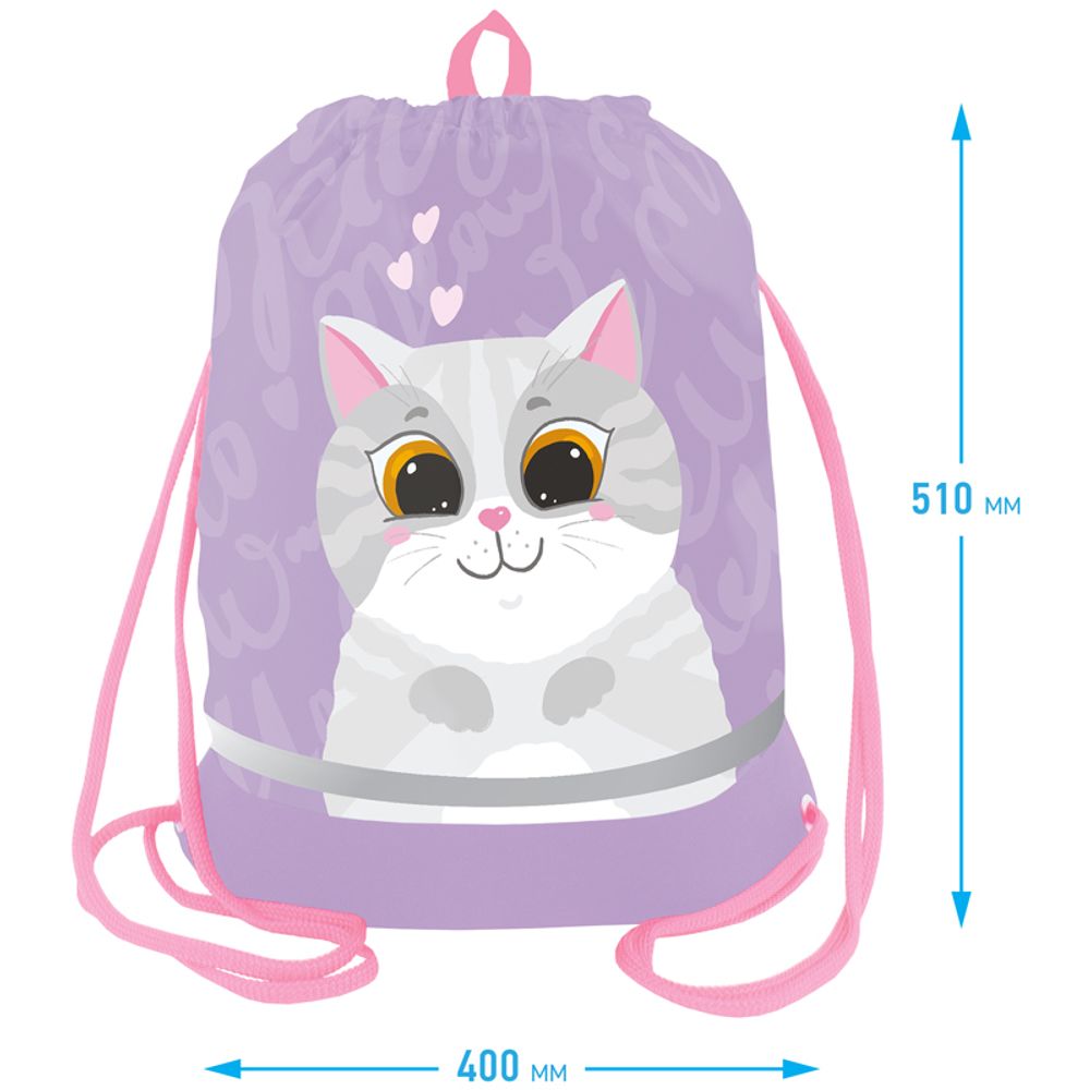 Мешок для обуви 1 отделение Berlingo "Cute cat", 510*400мм, расшир. дно, светоотражающая лента, карман на молнии