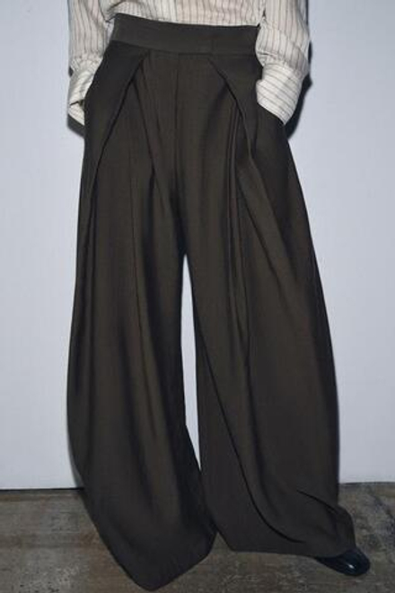ZARA БРЮКИ С ЗАЩИПАМИ С ПЕРЕДИ — ZW COLLECTION, СЕРО-КОРИЧНЕВЫЙ