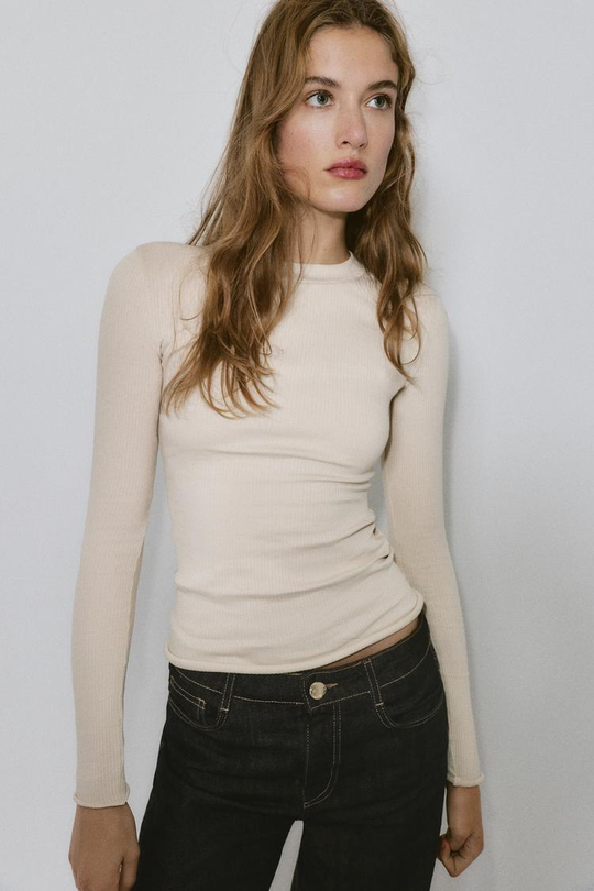 ZARA ФУТБОЛКА В РУБЧИК С ДЛИННЫМИ РУКАВАМИ, ПЕСОЧНЫЙ