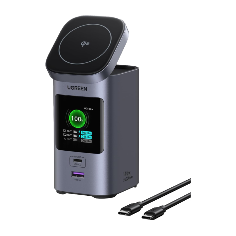 Внешний аккумулятор MagSafe Ugreen Nexode (Qi2) (20000 мА·ч) (PB771) Проводная зарядка: 2 USB-C, USB-A. Беспроводная зарядка: Qi 15 Вт. Сертификация Qi2. Есть дисплей, поддержка PD 3.0, QC, PPS и SCP. Энергоёмкость — 72 Вт·ч. Максимальная выходная мощност
