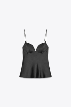 ZARA АТЛАСНЫЙ ТОП НА ТОНКИХ БРЕТЕЛЯХ, ЧЕРНЫЙ