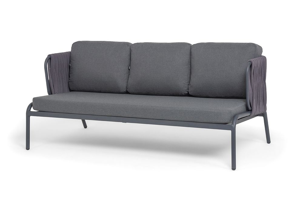 "Ронда" диван 3-местный плетеный из роупа, каркас алюминий темно-серый (RAL7024) муар, роуп серый 40 мм tex, ткань темно-серая 027