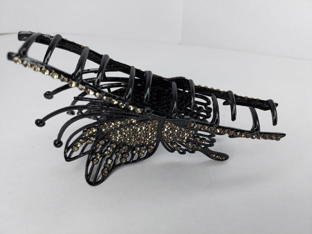 Заколка для волос краб "Бабочка" со стразами. Черная .Усиленная.