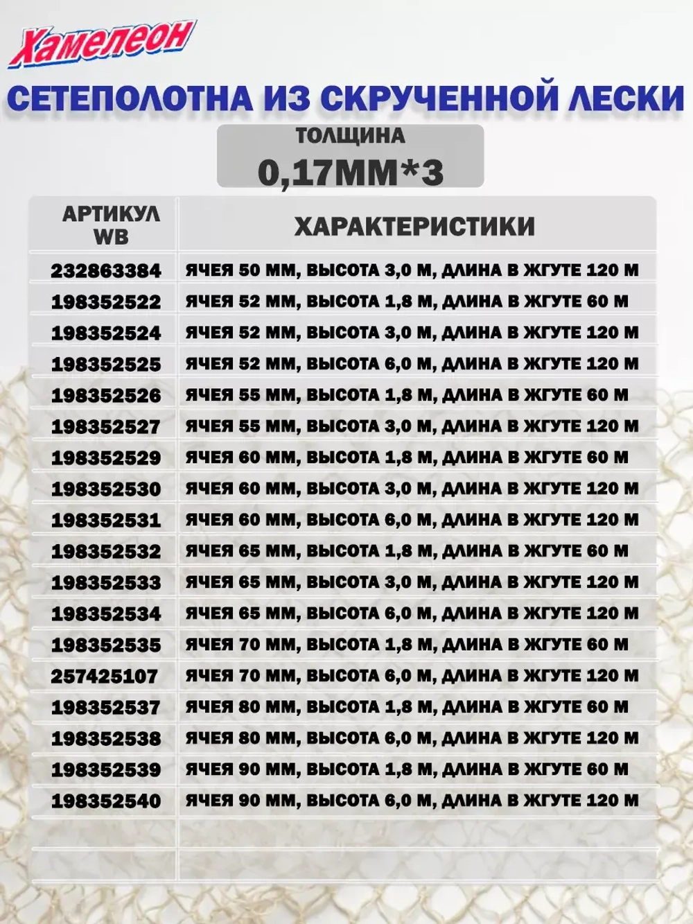 Сетеполотно скр.леска 0,20мм*8, ячея 150мм, высота 6,0м