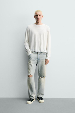ZARA ДЖИНСЫ ПРЯМОГО УКОРОЧЕННОГО КРОЯ, ГОЛУБОЙ