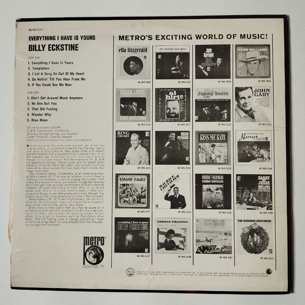 Винтажная виниловая пластинка LP Billy Eckstine Everything I Have Is Yours (USA 1965)