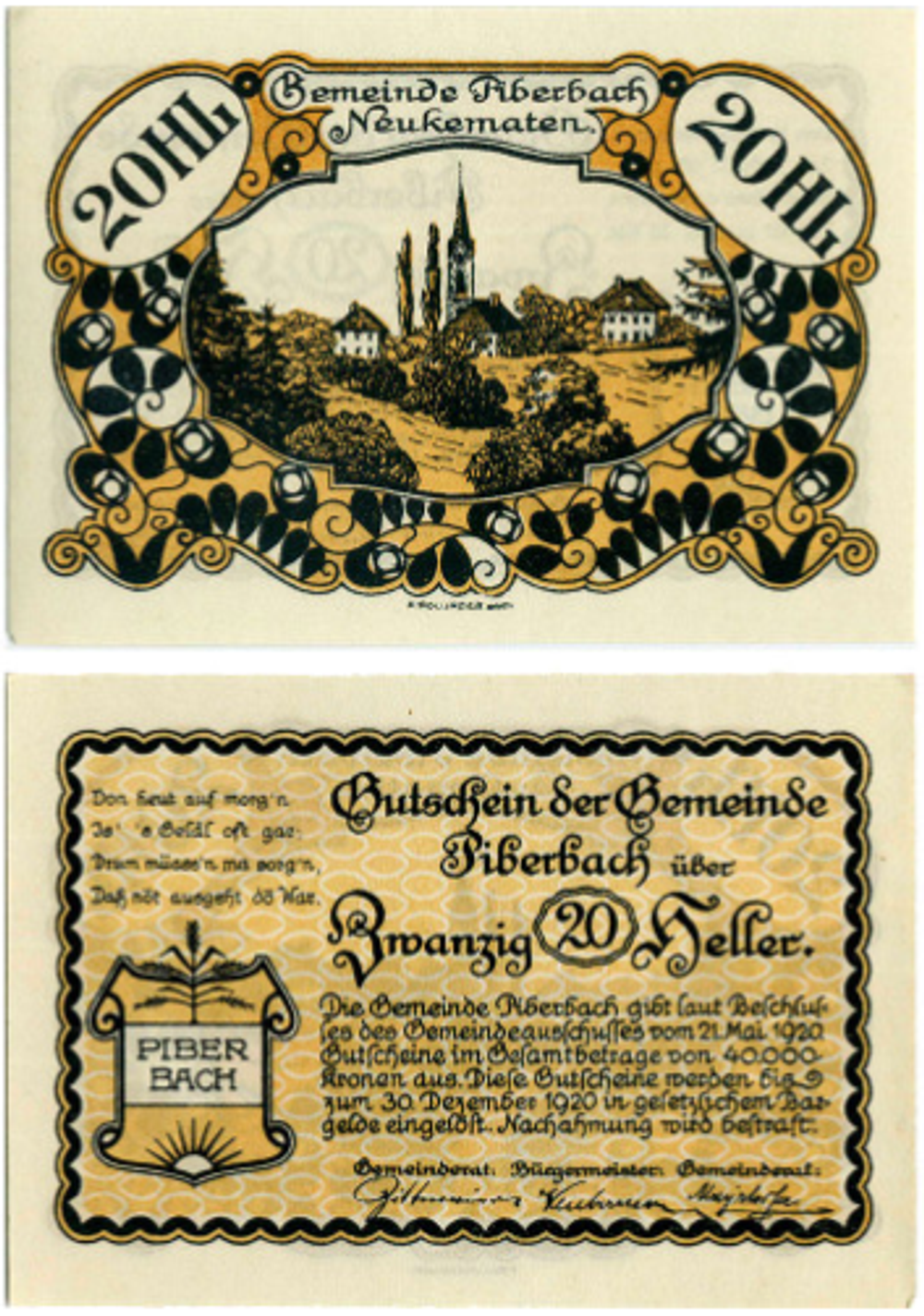 Австрия 20 геллеров Пибербах 1920 aUNC