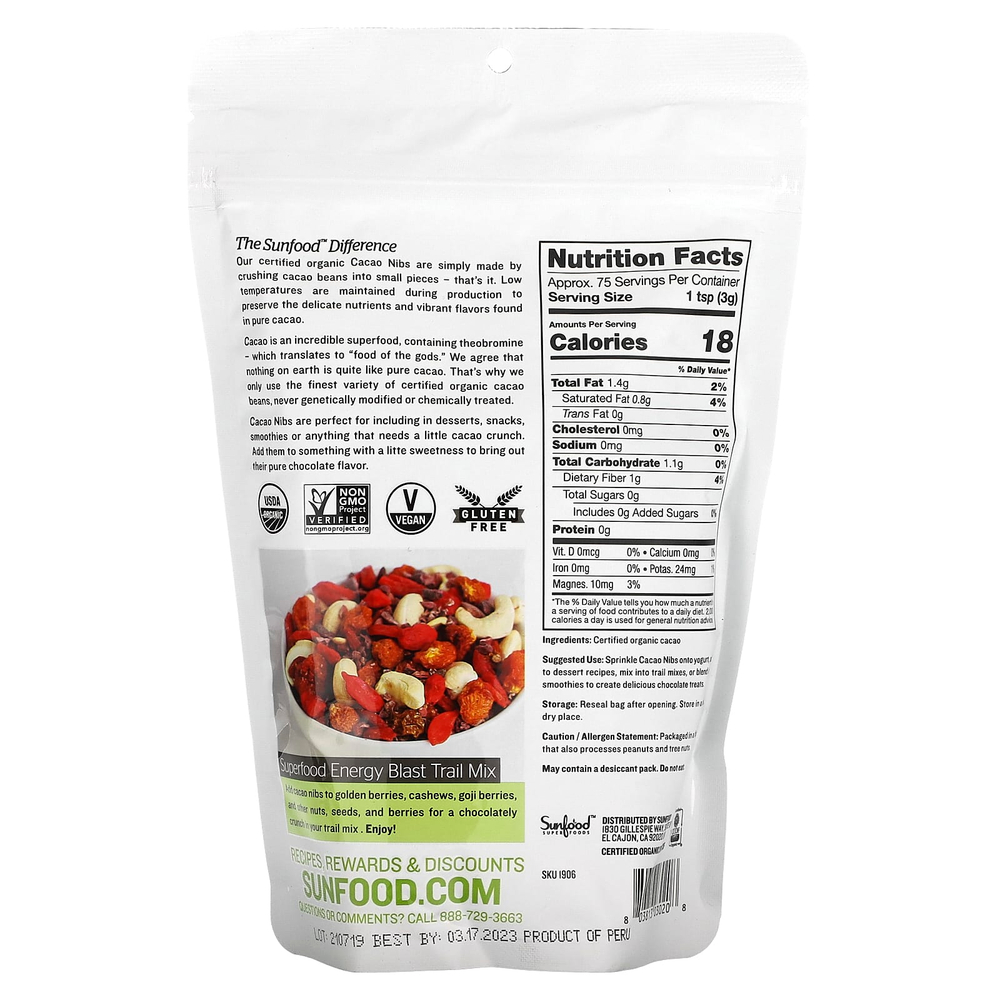 Sunfood, Дробленые шоколадные какао-бобы, 227 г (8 унций)