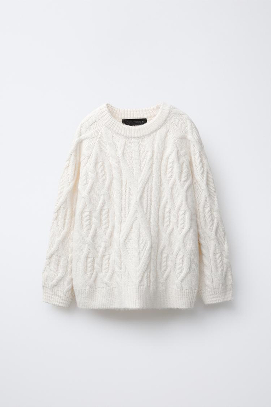 ZARA ВЯЗАНЫЙ СВИТЕР С УЗОРОМ «КОСЫ», ЭКРЮ