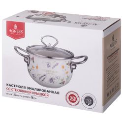 КАСТРЮЛЯ AGNESS ЭМАЛИРОВАННАЯ СО СТЕКЛЯННОЙ КРЫШКОЙ СЕРИЯ "FLOWER STORY", 1,5 Л ДИА. 16СМ