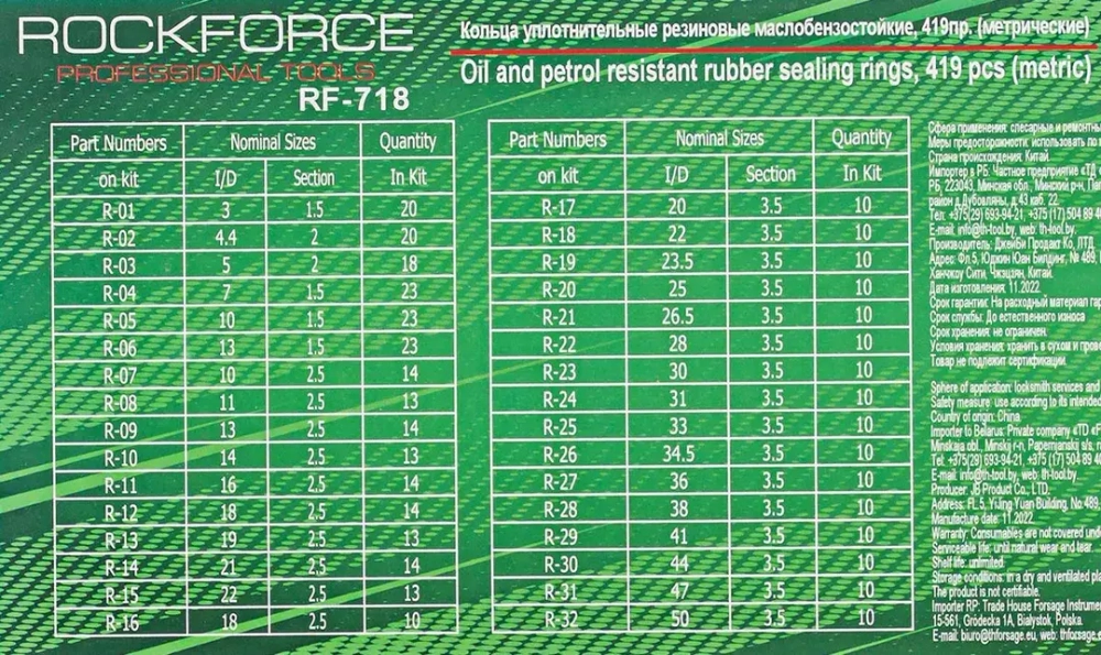 Кольца уплотнительные резиновые маслобензостойкие, 419пр. (метрические) RockForce##Rock FORCE RF-718