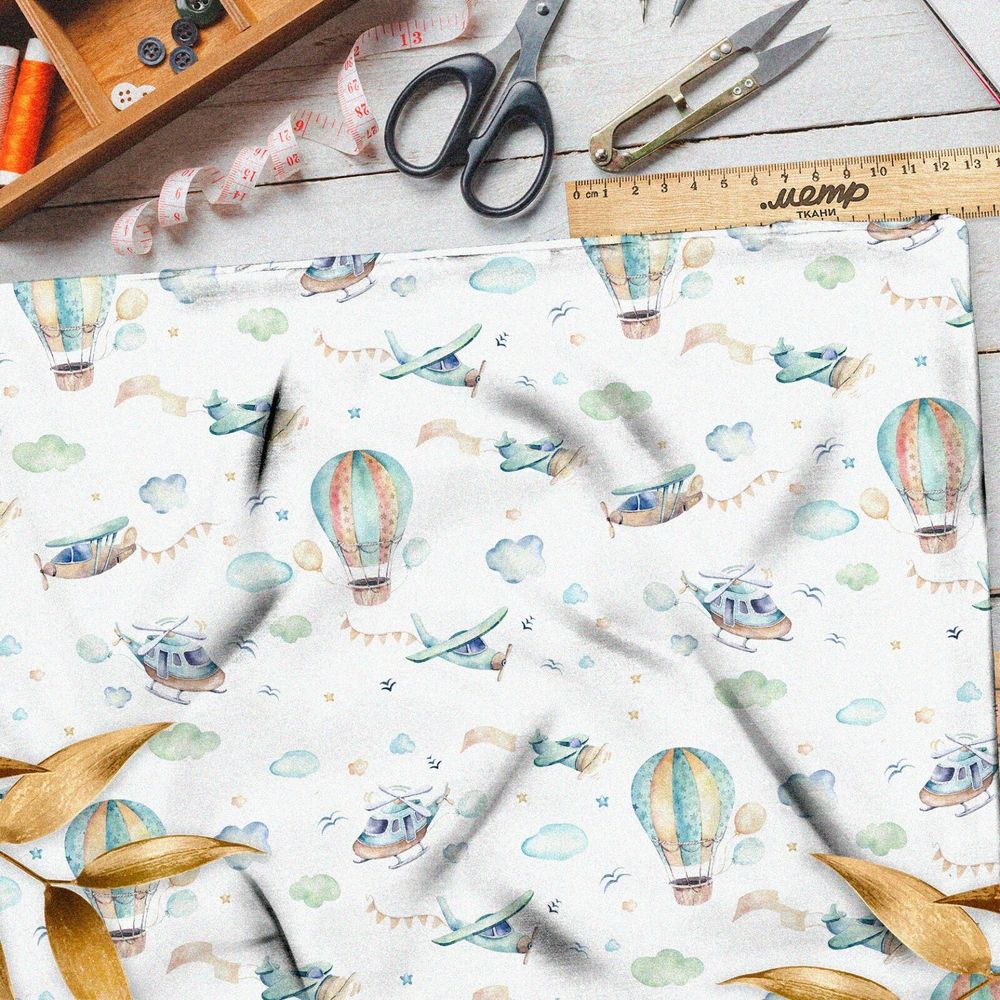 Ткань шелк Армани самолёты вертолёты воздушные шары