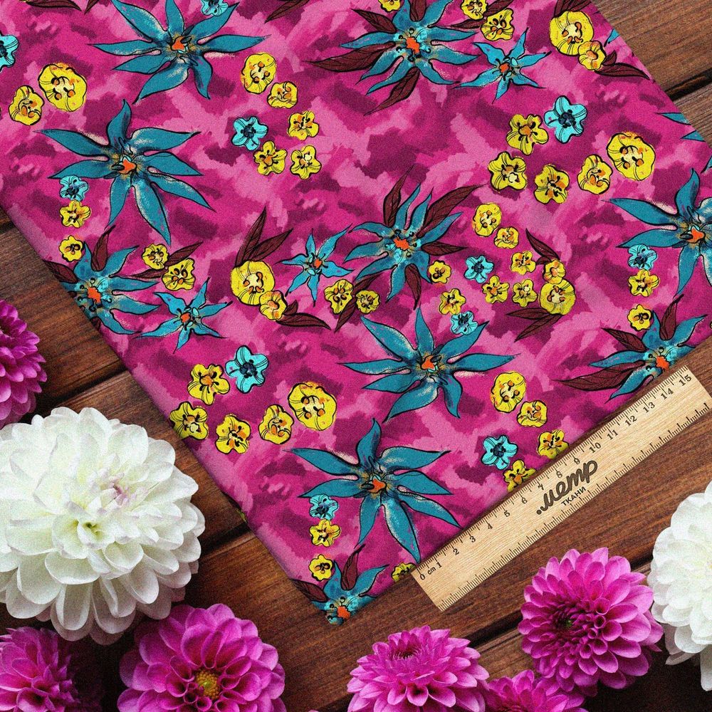 Ткань блэкаут синие и горчичные цветы