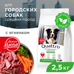 Корм сухой для взрослых собак средних пород, премиум полнорационный комплекс, для городских собак, с ягненком, 2,5 кг, QUATTRO
