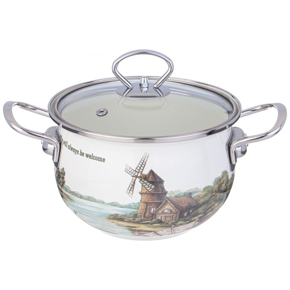 КАСТРЮЛЯ AGNESS ЭМАЛИРОВАННАЯ СО СТЕКЛЯННОЙ КРЫШКОЙ СЕРИЯ "FAMILY HOUSE", 2 Л ДИА.18СМ