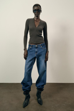 ZARA ТОП В РУБЧИК С V-ОБРАЗНЫМ ВЫРЕЗОМ, ТЕМНЫЙ ХАКИ