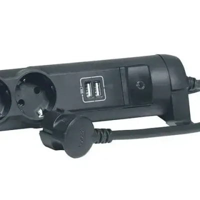 Сетевой фильтр Legrand - 4 розетки с заземлением + USB 2 порта 2.4A, 3500 Вт, черный - 1.5 метра