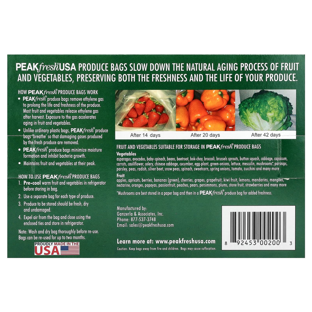 PEAKfresh USA, многоразовые пакеты с затяжками для хранения продуктов, 10 шт.