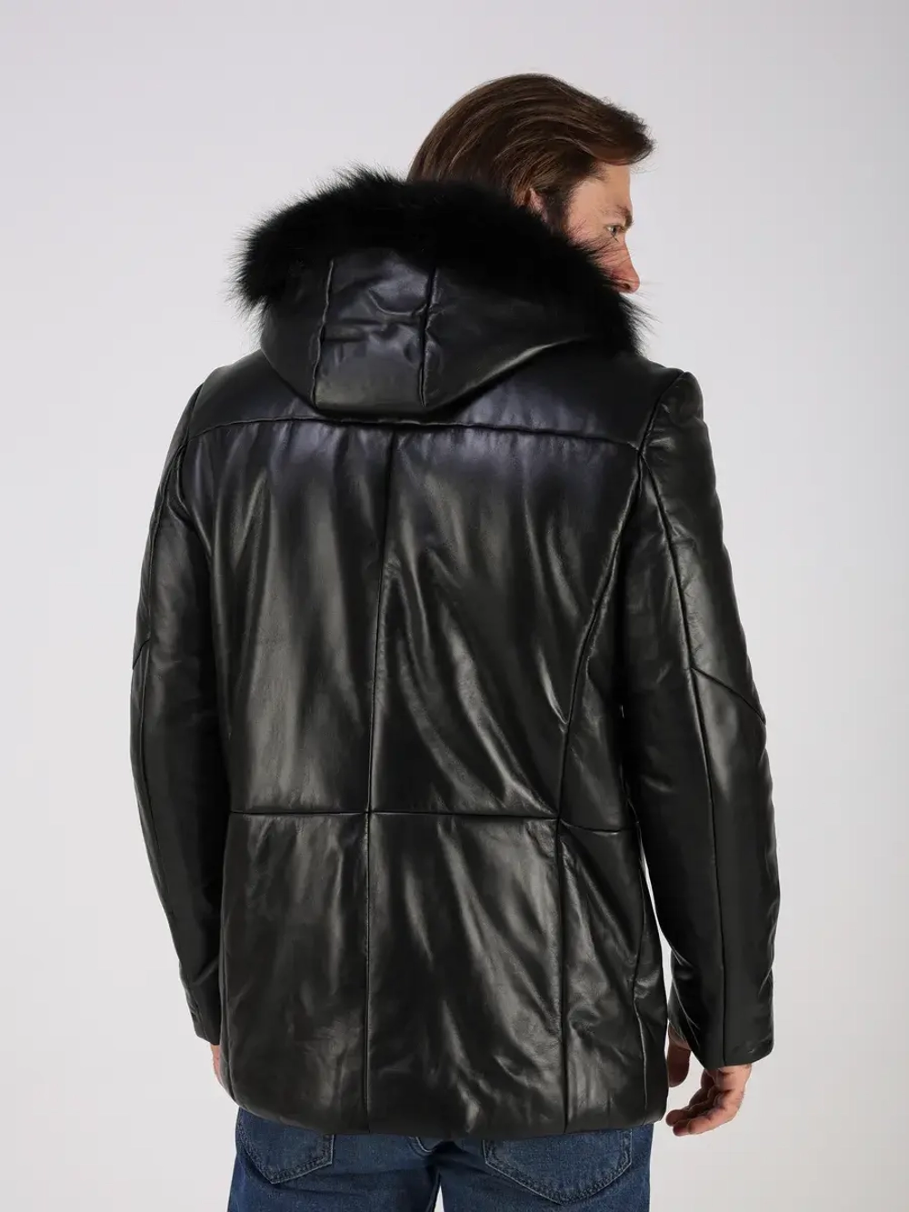 Куртка зимняя кожаная с капюшоном пуховик