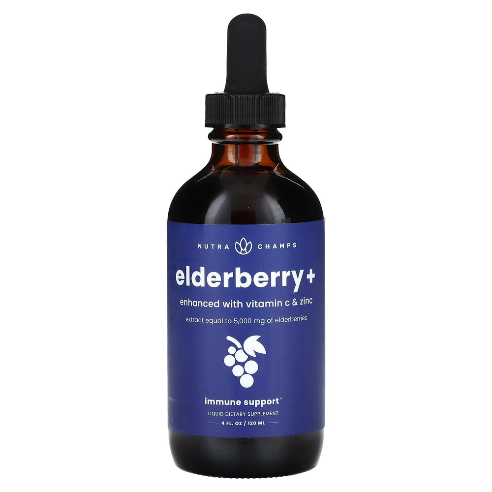 NutraChamps, Elderberry +, обогащенная витамином C и цинком, натуральные ягоды, 120 мл (4 жидк. унц.)