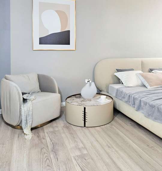 Стол журнальный 4674, Ø80х32 см, глянцевая керамика, экокожа