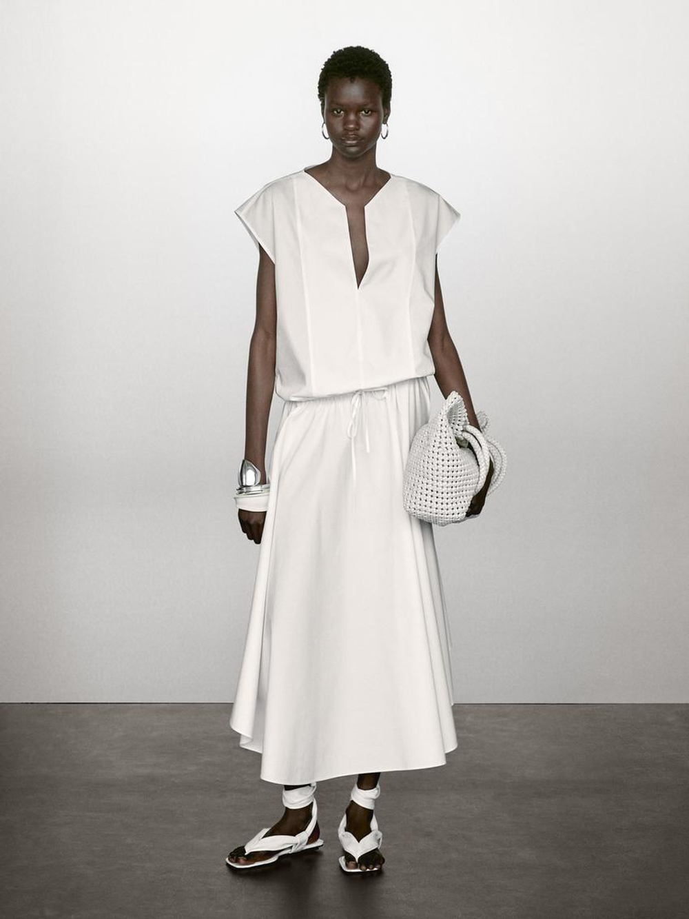 Massimo Dutti Блуза из хлопкового поплина с эластичной деталью, белый