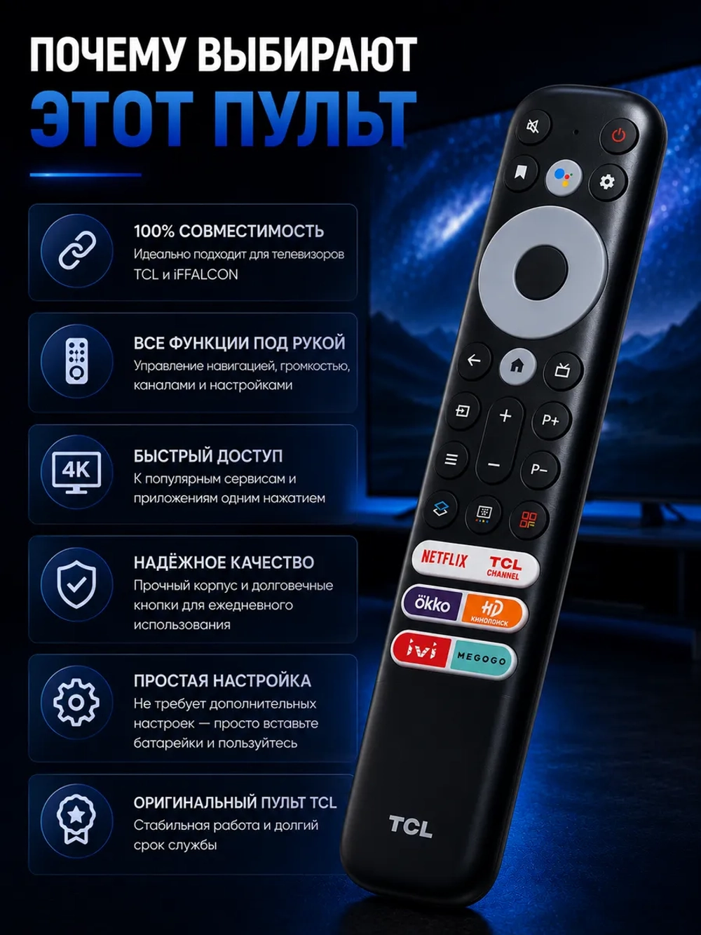 Пульт ДУ для телевизора TCL RC902V FMR5 SMART TV ( ) IVI ,OKKO, MEGOGO, Кинопоиск , NETFLIX с голосовым управлением PDU0002