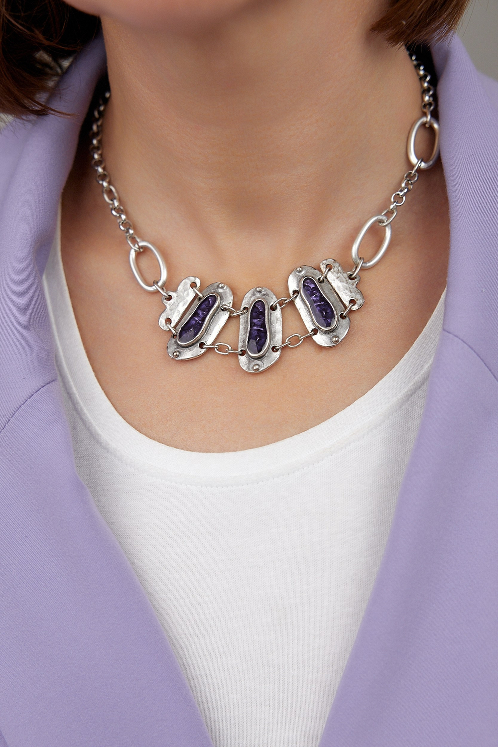 HMG MT Enamel Silver Колье chain mix арт.1490, с лавандовой эмалью