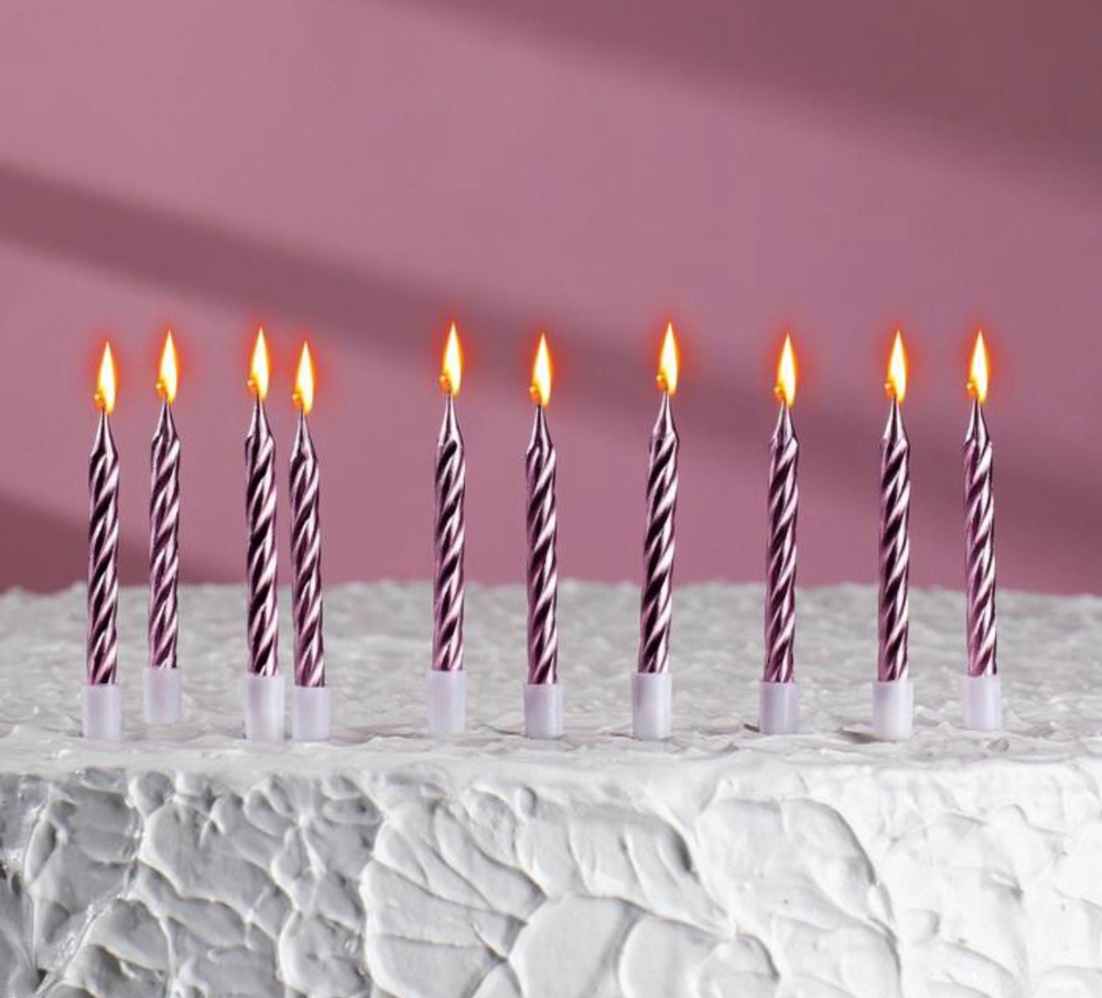 Свечи в торт "Спираль", 10 шт, средние, 7 см, розовый металлик