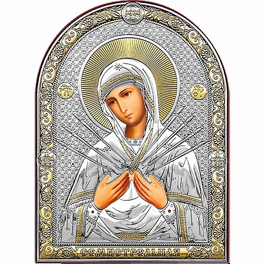 Семистрельная икона Божьей Матери в серебряном окладе.