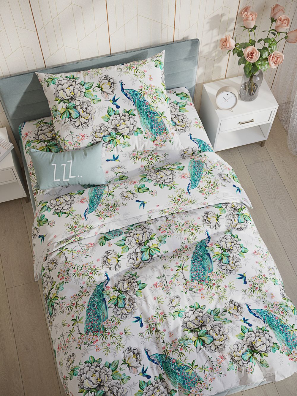Постельное белье Сказка "Павлины." 1,5-сп Наволочка 50х70 см 1 шт Простынь на резинке 90х200 см Пододеяльник 145х215 см, поплин