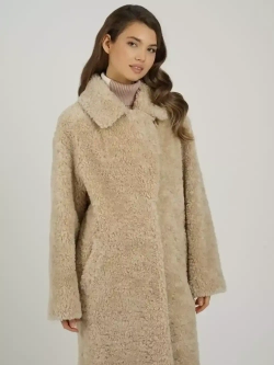 Шуба чебурашка длинная из овечьей шерсти, бежевая, SilverFox