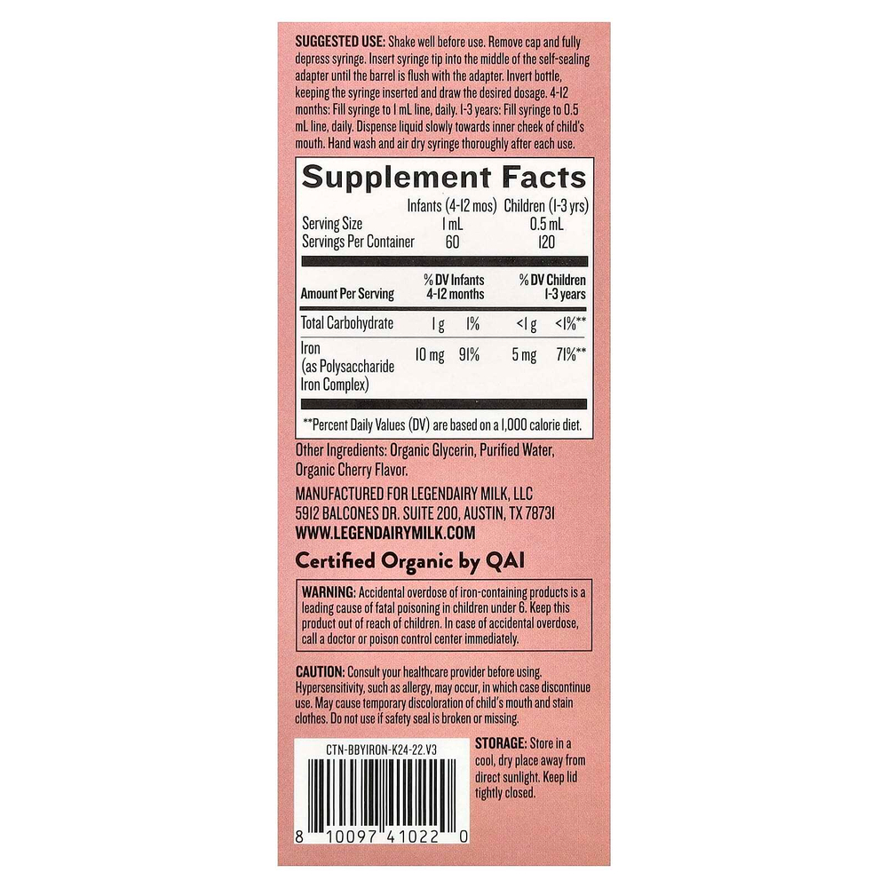 Legendairy Milk, Iron Organic Drops, для детей от 4 месяцев, вкусная вишня, 60 мл (2 жидк. Унции)