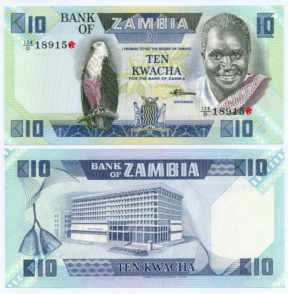 Банкнота Замбия 10 квача 1986 год 128/D 189158. UNC