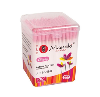 Палочки ватные Maneki Lovely с розовым стиком, в пластиковой коробке, 150 шт