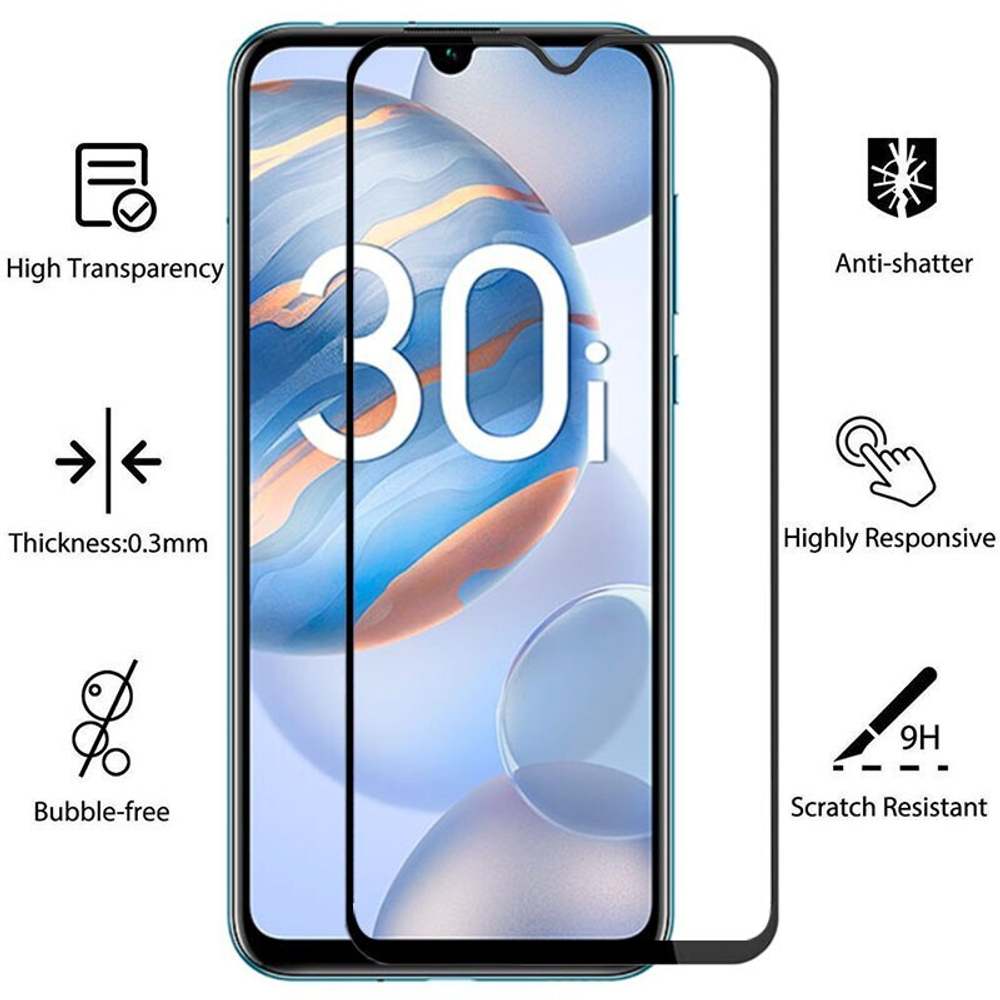 Защитное стекло с олеофобным покрытием для смартфона Honor 30i и Y8p, черные рамки, G-Rhino