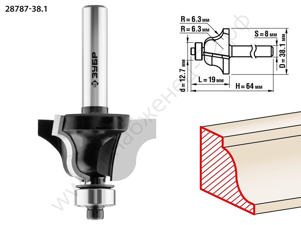 ЗУБР 38.1x19мм, радиус 6.3мм, фреза кромочная калевочная №4