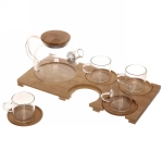 Чайный набор 10 предметов «Хай-Тек» (Чайник заварочный 1л+4кружки 140мл+блюдца) стеклянный на подносе