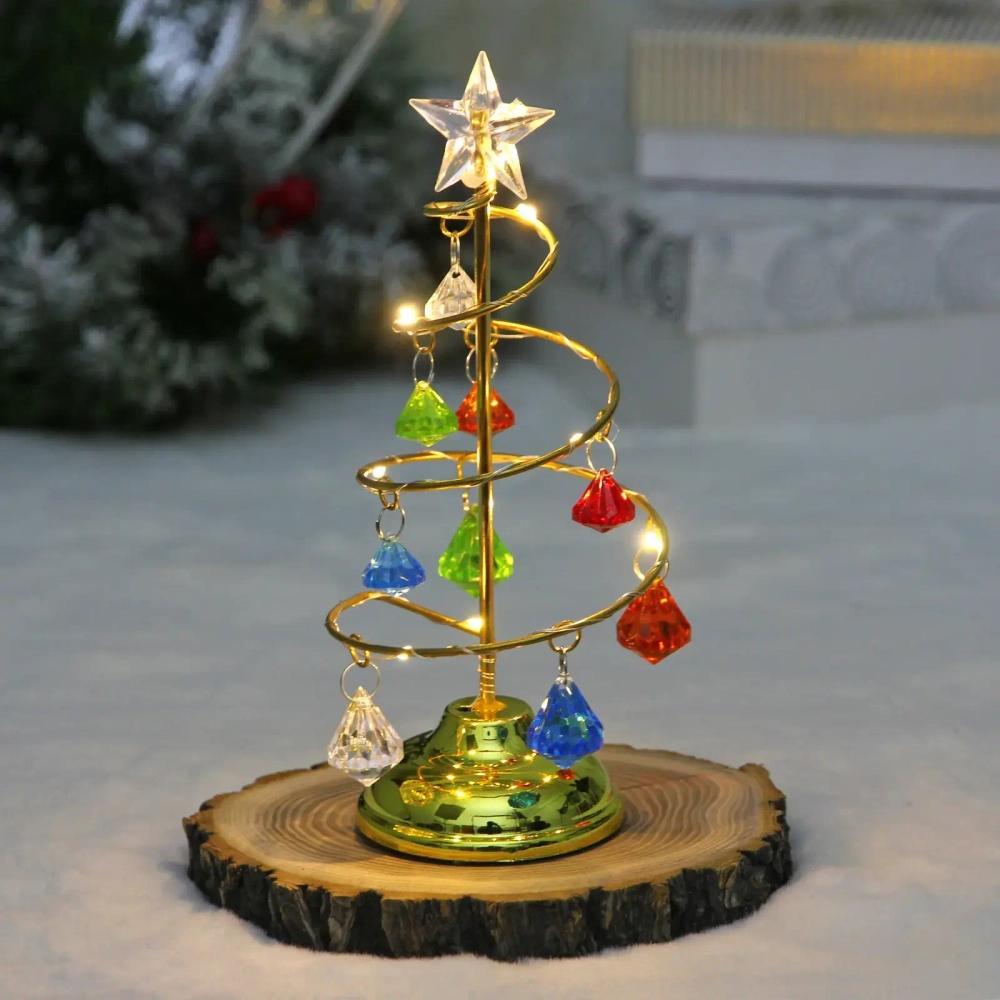 Сувенир с подсветкой «Елочка Хрустальная» 18 см, диаметр 8 см, основание-золото, свечение-тепл.бел, хрусталик Мультицвет (работает от батареек 3 LR44)