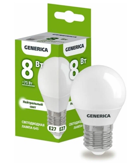 Лампа cветодиодная Е27 G45 Шар 8Вт(75Вт) GENERICA IEK белый свет 4000K