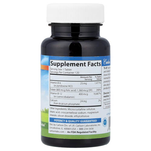 Carlson, Tri-B® с витаминами B6, B12 и фолиевой кислотой, 120 таблеток